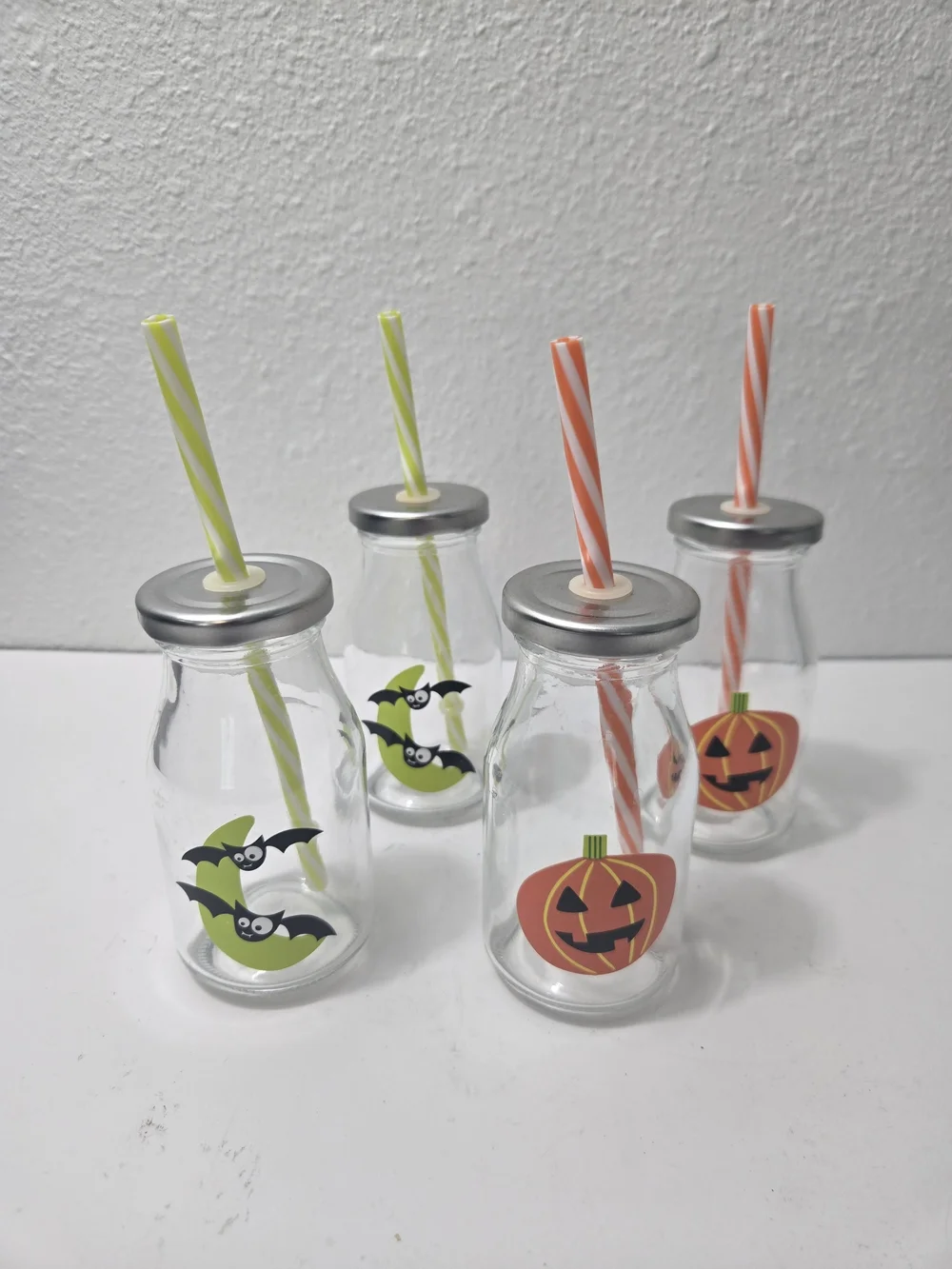 Halloween Mini Glass Drink Bottles with Orange & Lime Straws